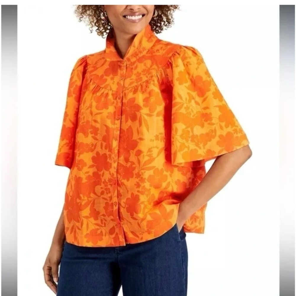 Linen Charter Club Luxury Floral Wide Sleeves Orange Top Size PXL